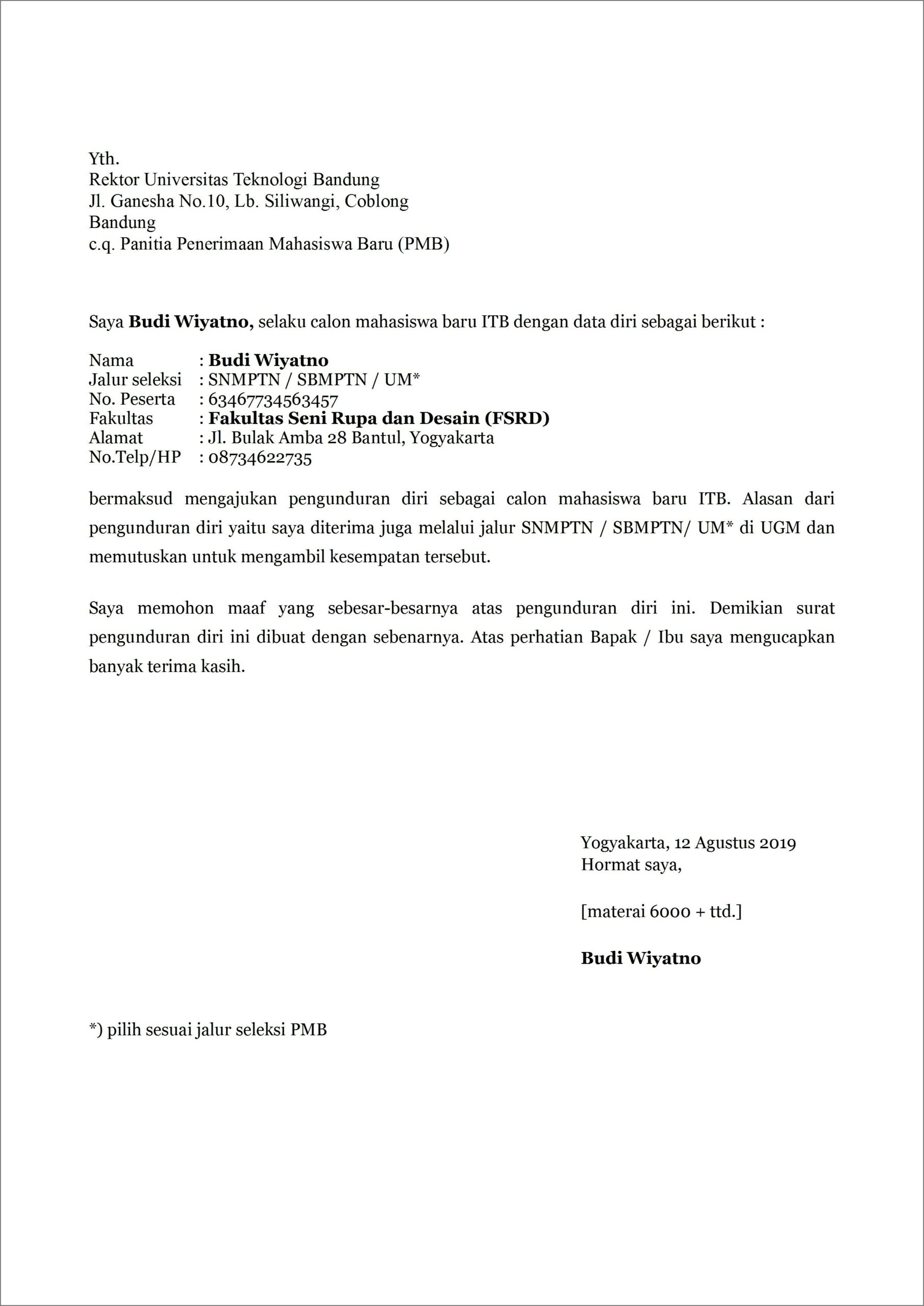 Contoh Surat Pernyataan Pengunduran Caleg