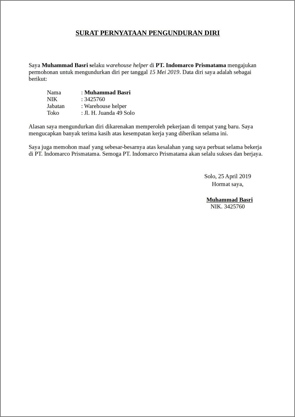 Contoh Surat Pernyataan Pengunduran Diri Anggota Koperasi