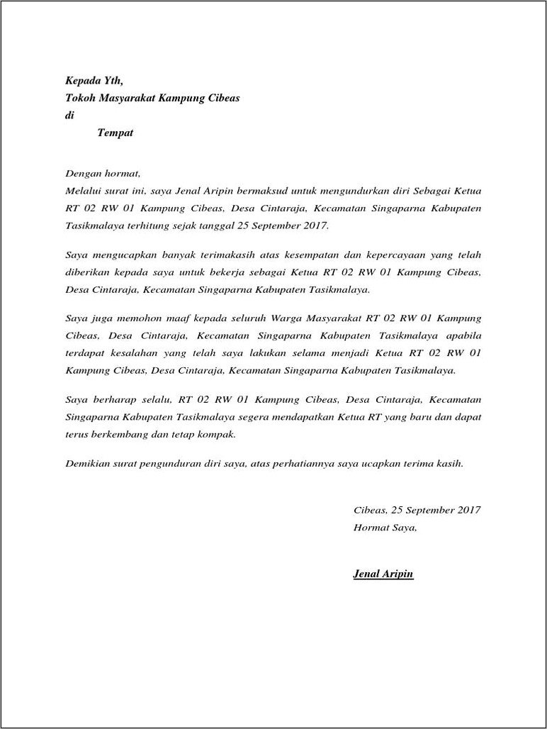 Contoh Surat Pernyataan Pengunduran Diri Dari Ketua Karang Taruna