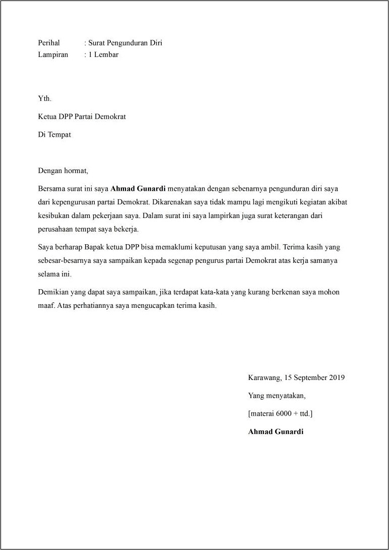 Contoh Surat Pernyataan Pengunduran Diri Dari Partai Politik