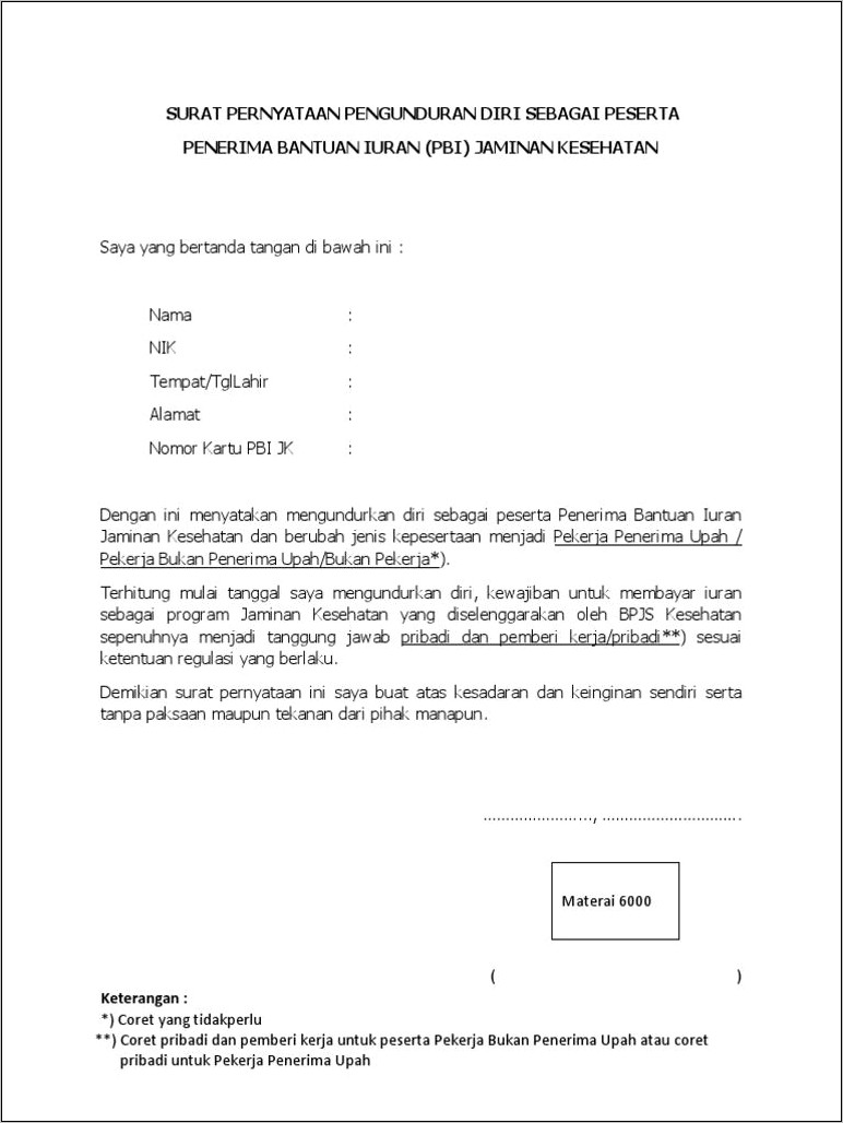 Contoh Surat Pernyataan Pengunduran Diri Dari Peserta Pbi Apbd