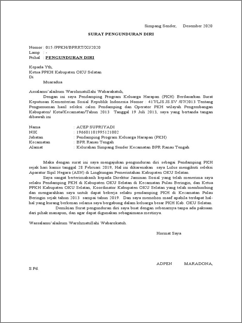 Contoh Surat Pernyataan Pengunduran Diri Dari Pkh