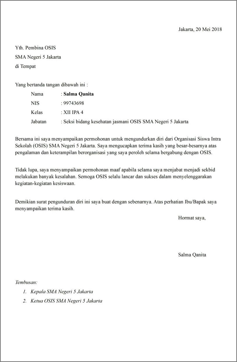 Contoh Surat Pernyataan Pengunduran Diri Ketua Rt