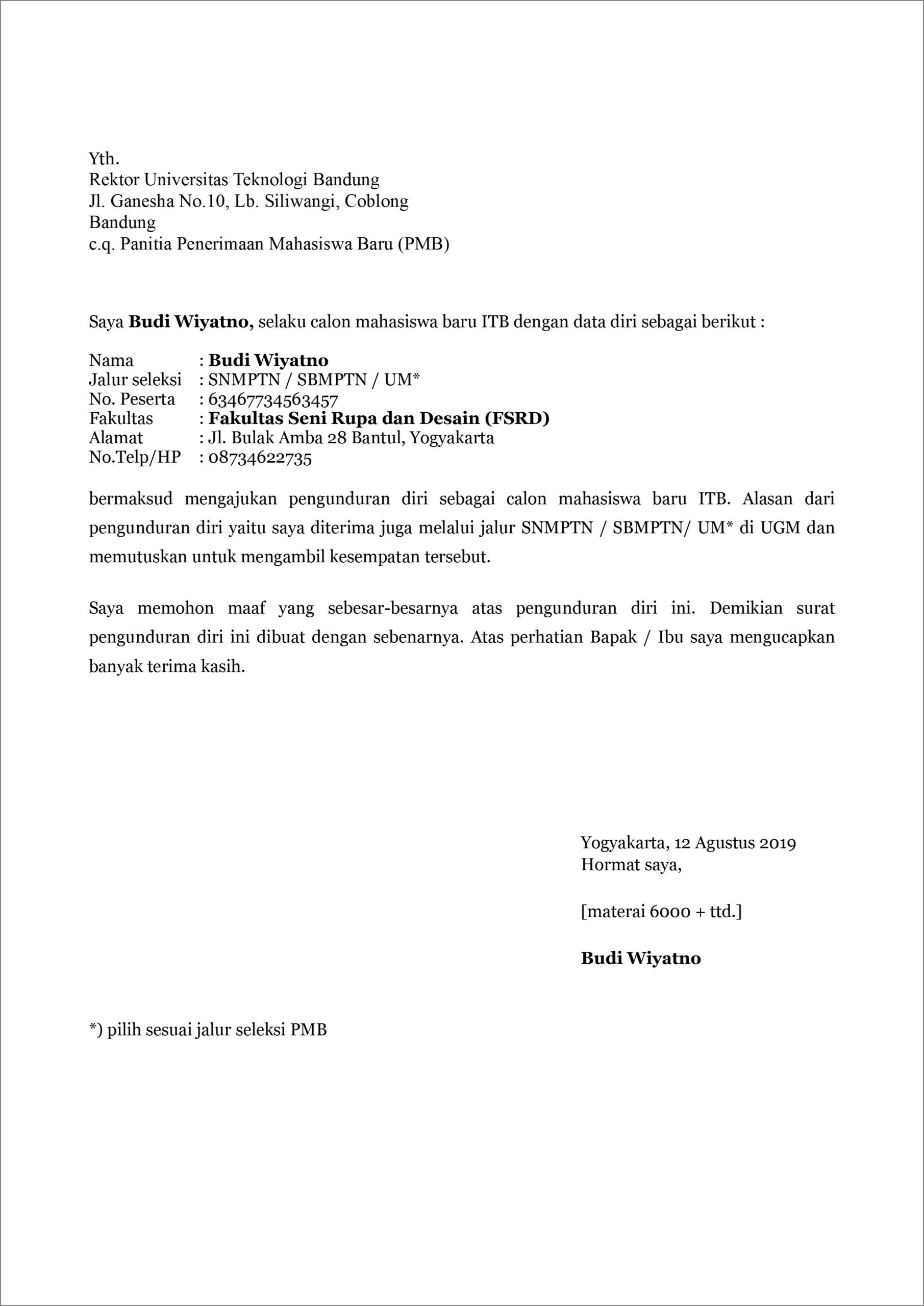 Contoh Surat Pernyataan Pengunduran Diri Kuliah Di Poltekes Kemkes Yogyakarta