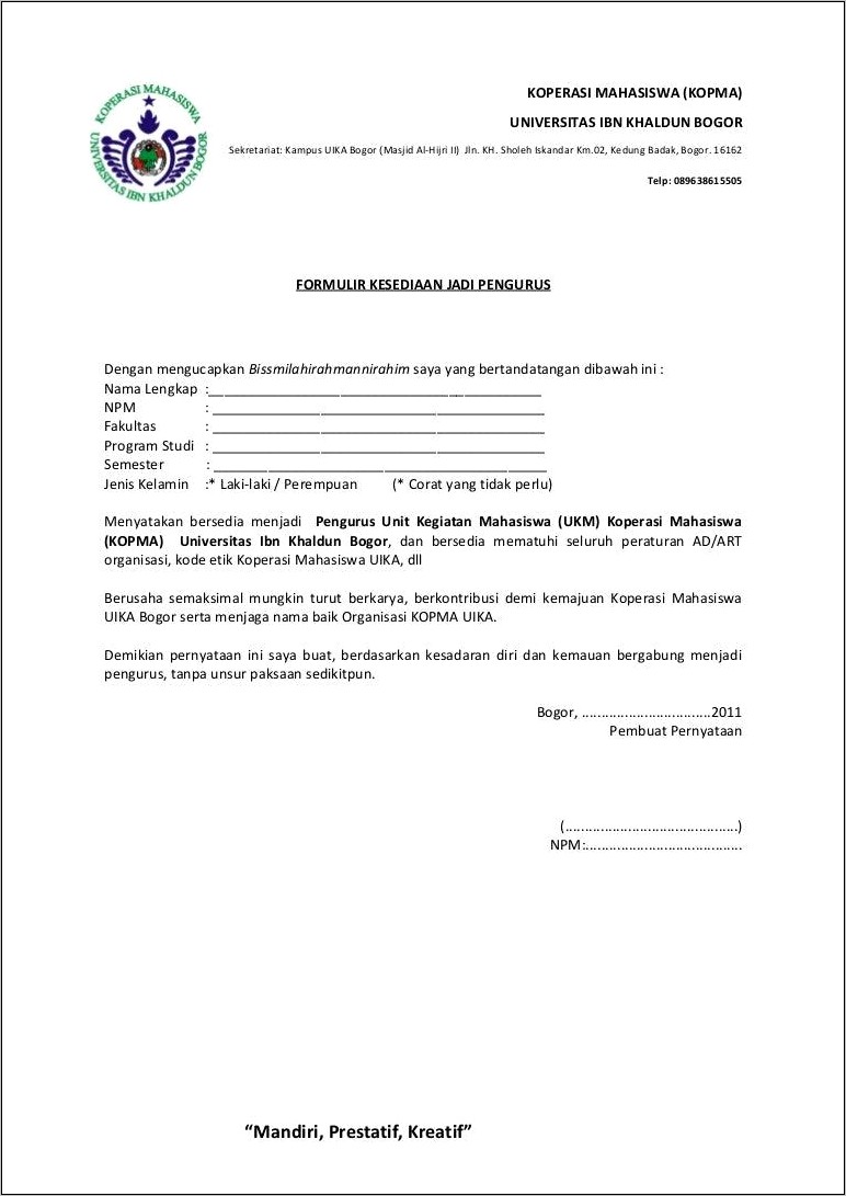 Contoh Surat Pernyataan Pengurus Organisasi