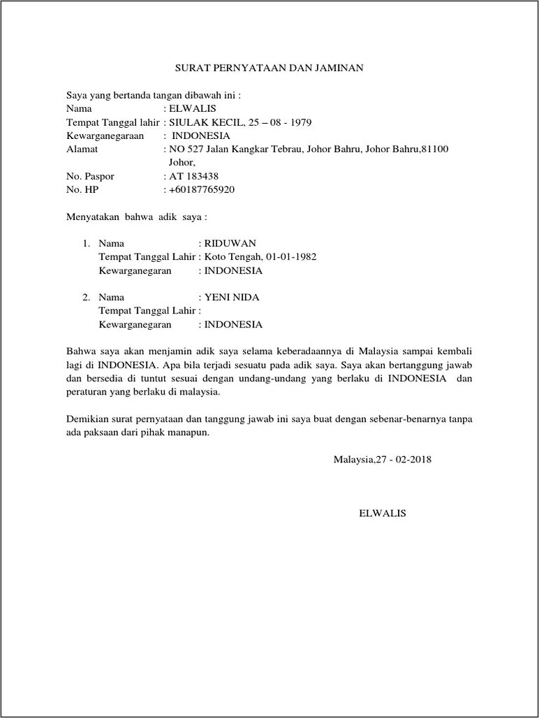 Contoh Surat Pernyataan Penjamin Lazada