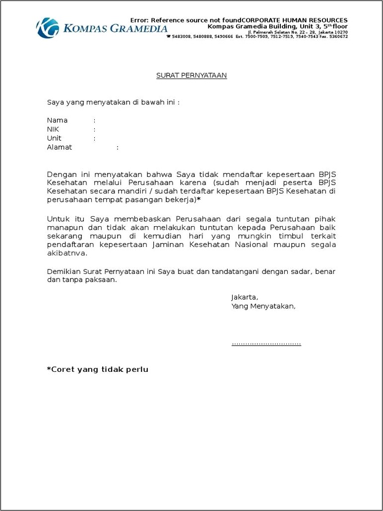 Contoh Surat Pernyataan Penolakan Peralihan Bpjs