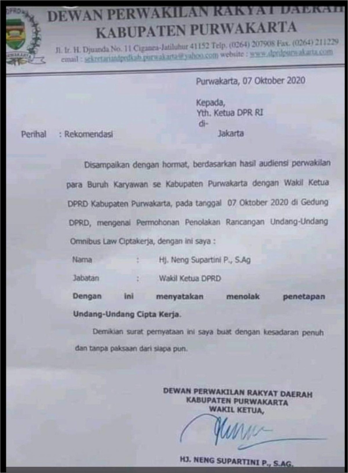 Contoh Surat Pernyataan Penolakan Persetujuan Perkreditan