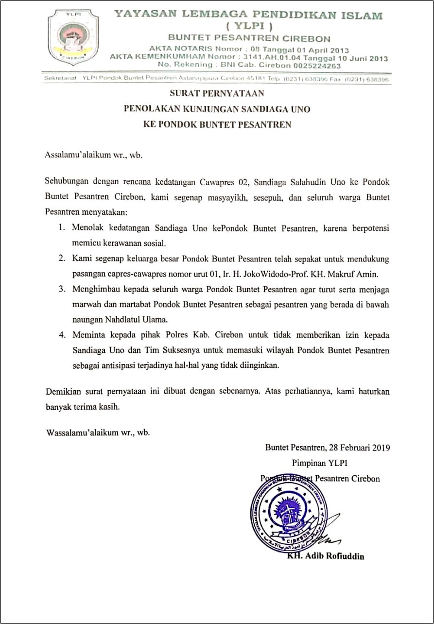 Contoh Surat Pernyataan Penolakan Pimpinan