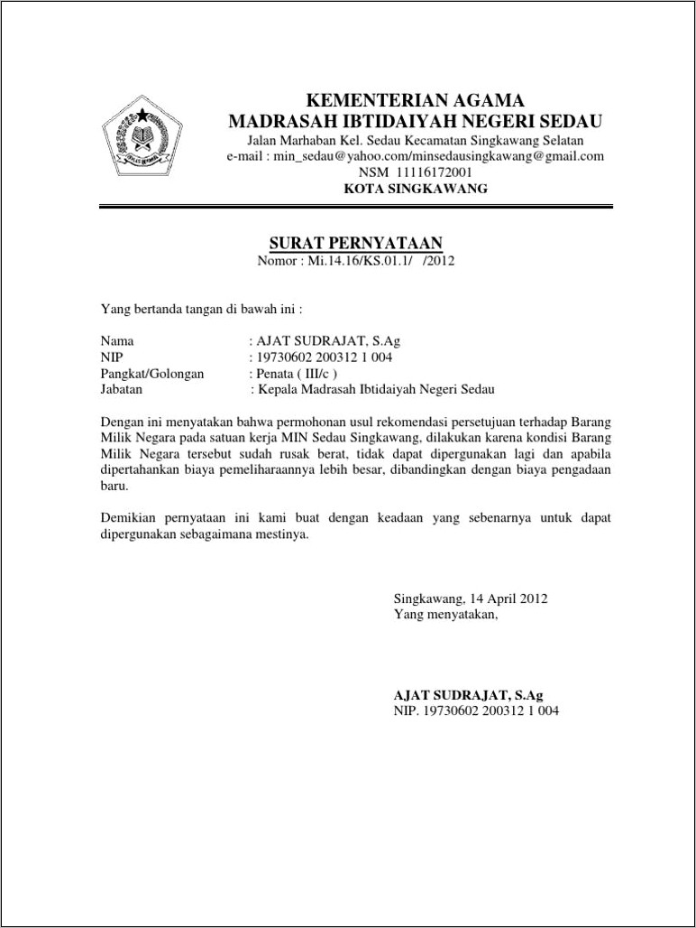 Contoh Surat Pernyataan Perbedan Barang