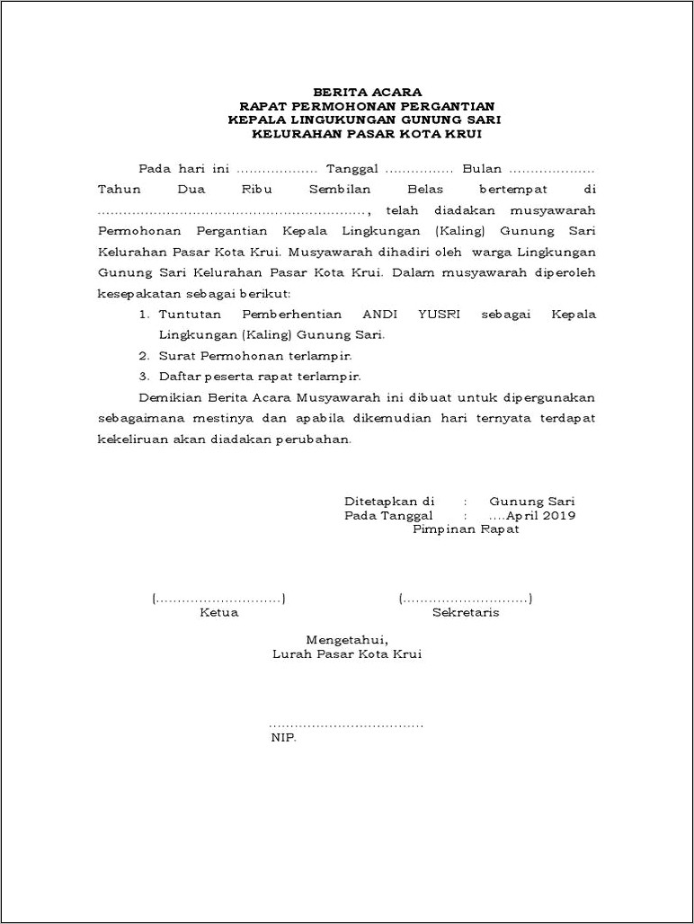 Contoh Surat Pernyataan Pergantian Ketua Rt