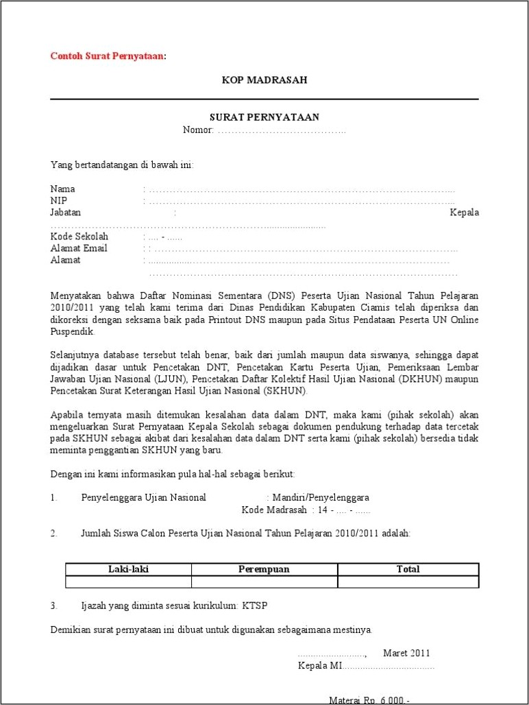 Contoh Surat Pernyataan Permohonan Ganti Data