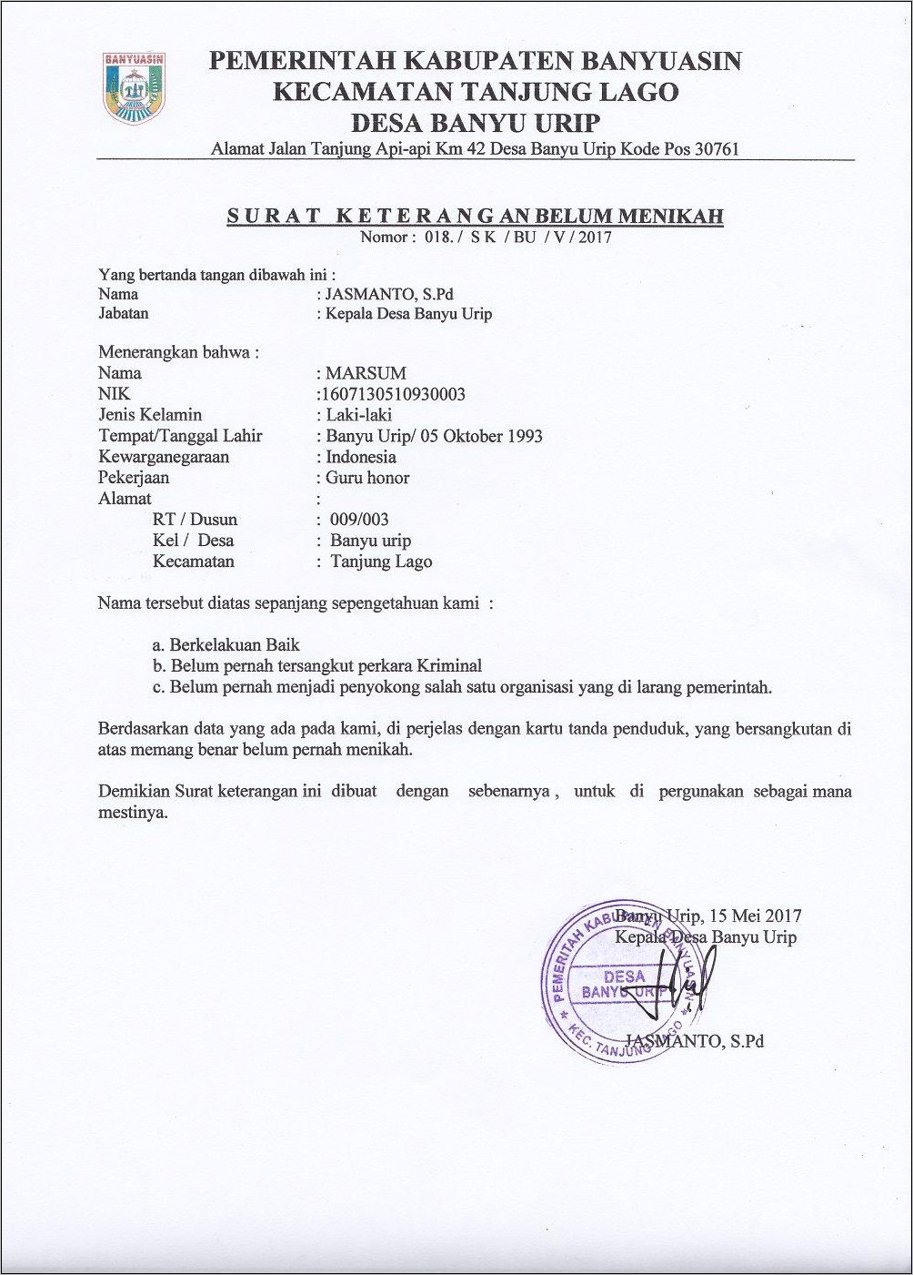 Contoh Surat Pernyataan Pernah Menikah