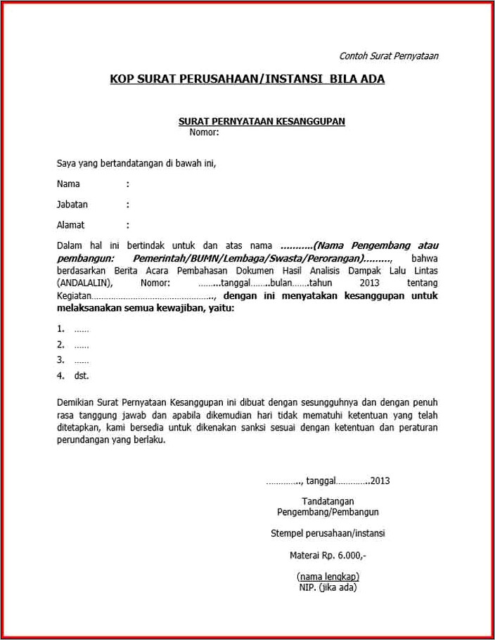 Contoh Surat Pernyataan Persetujuan Dengan Peraturan