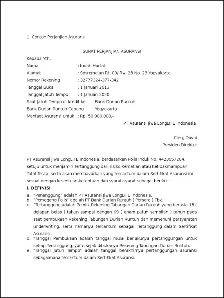 Contoh Surat Pernyataan Polis Di Asuransi