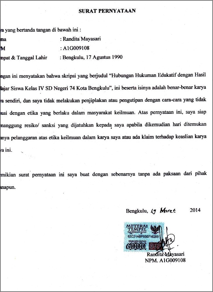 Contoh Surat Pernyataan Rajin Kuliah