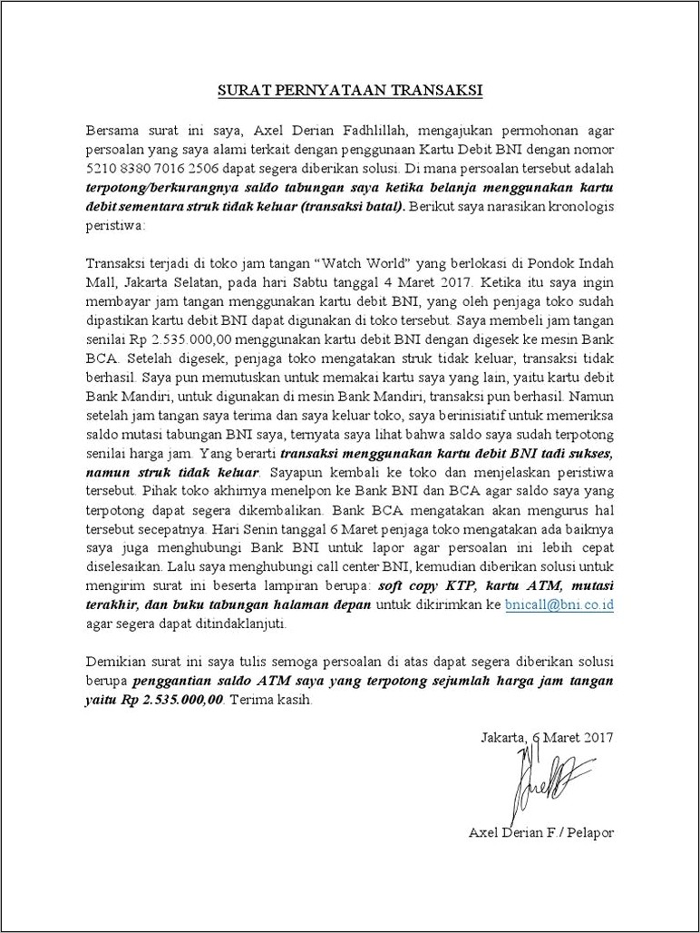 Contoh Surat Pernyataan Refund Kartu Kredit Bni