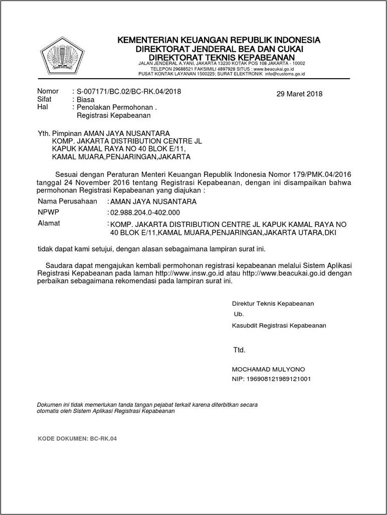 Contoh Surat Pernyataan Registrasi Kepabeanan Per 04 Bc 2017