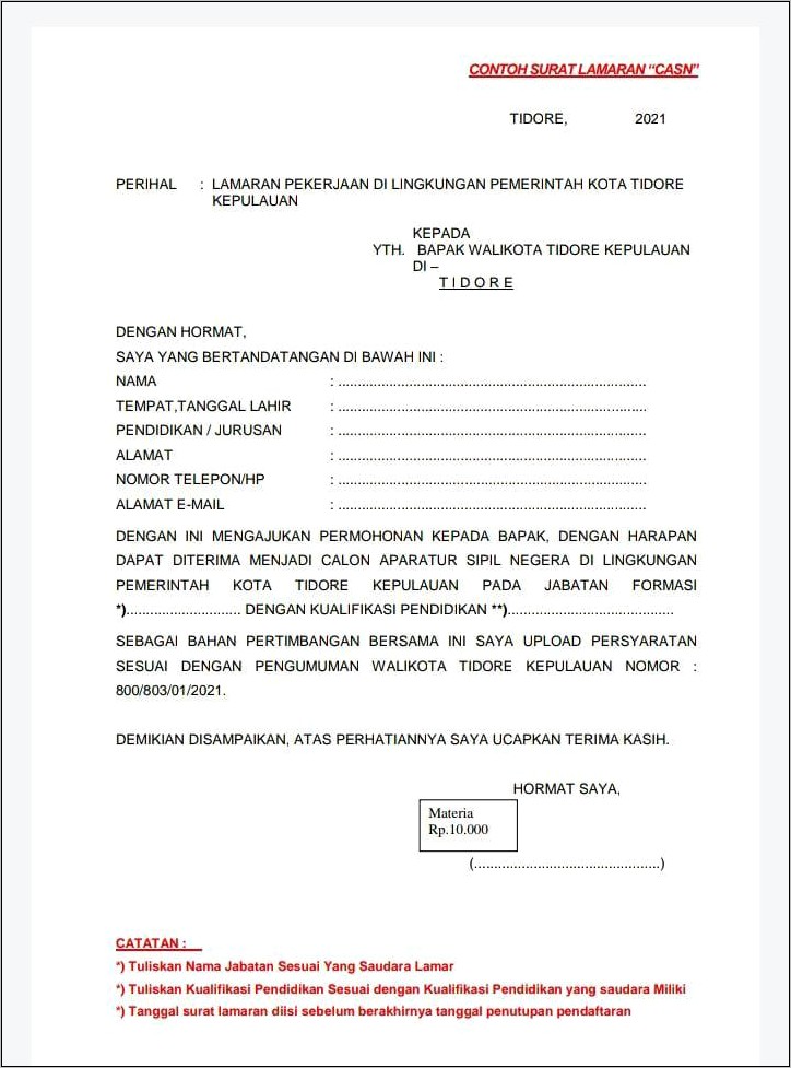 Contoh Surat Pernyataan Resmi Cpns