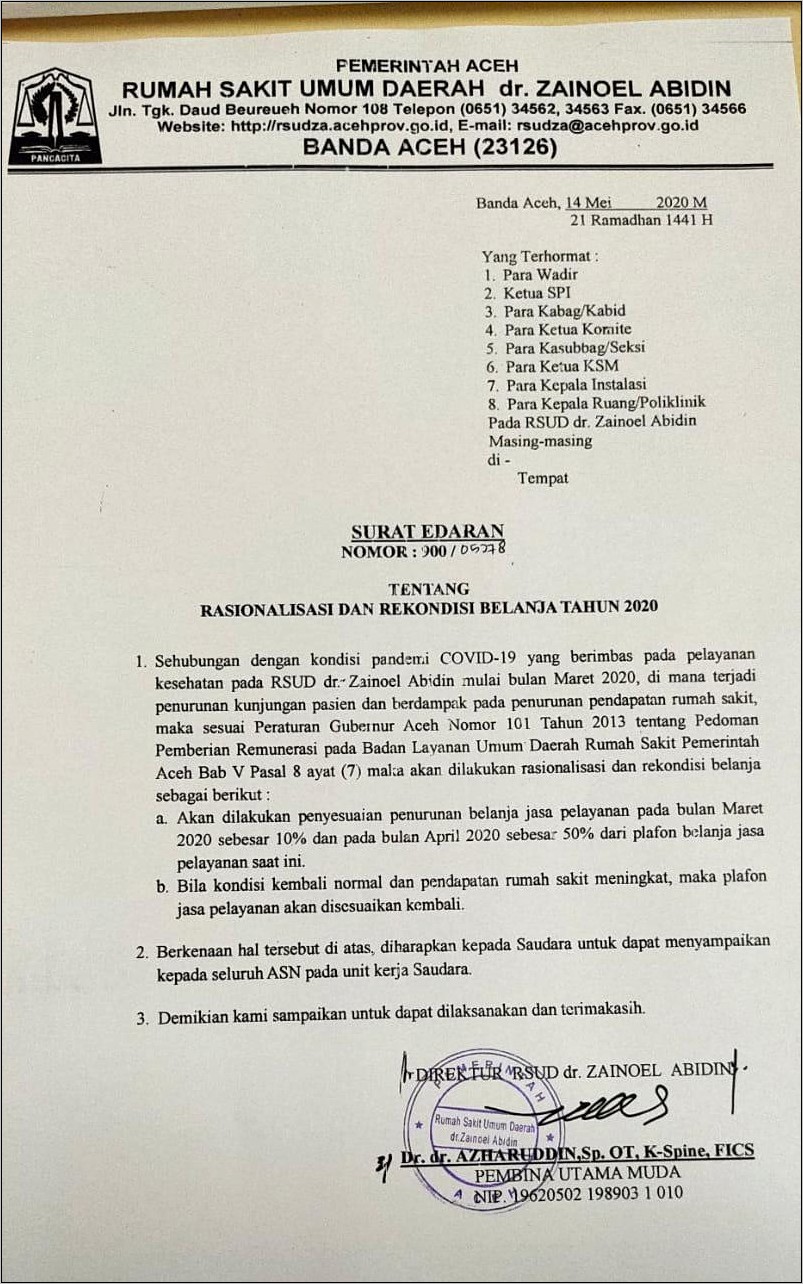 Contoh Surat Pernyataan Rumah Sakit Zainoel Abidin