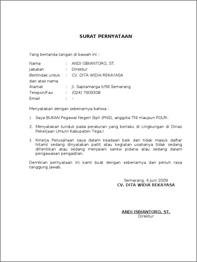 Contoh Surat Pernyataan Samgsi