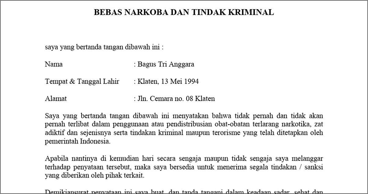 Contoh Surat Pernyataan Sehat Dan Bebas Narkoba