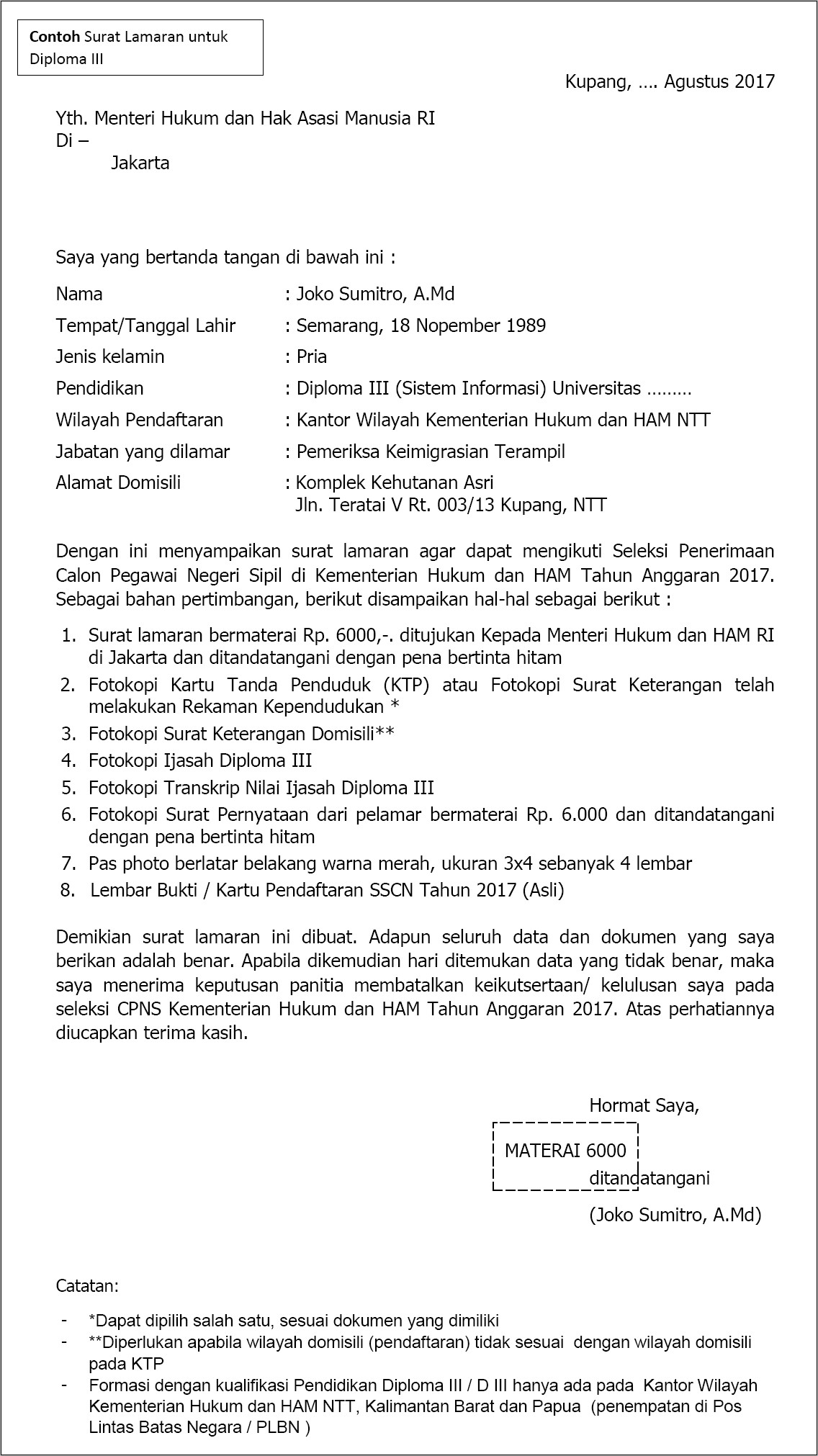 Contoh Surat Pernyataan Slta Cpns 2017 Lokasi Medan