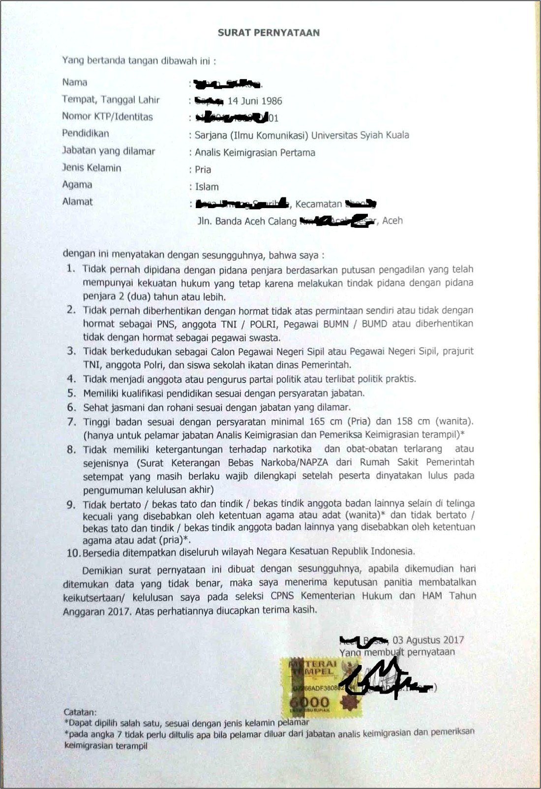 Contoh Surat Pernyataan Spns