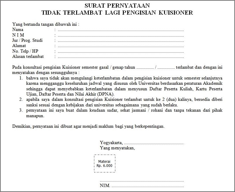 Contoh Surat Pernyataan Spp