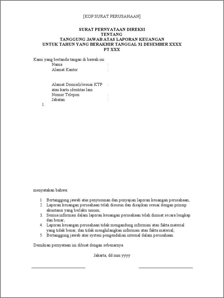 Contoh Surat Pernyataan Susunan Kepengurusan Perusahaan