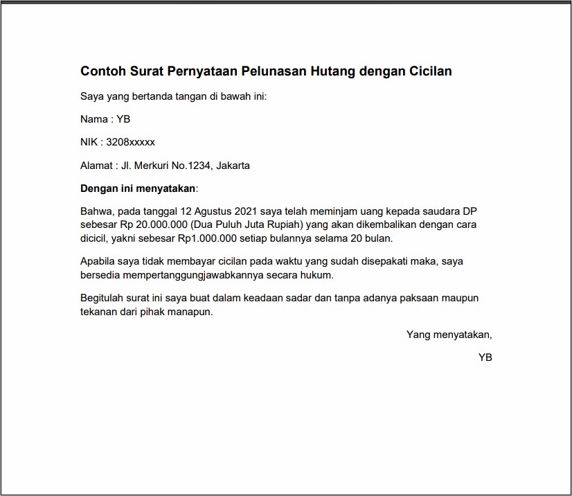 Contoh Surat Pernyataan Tak Bisa Membayara Hutang