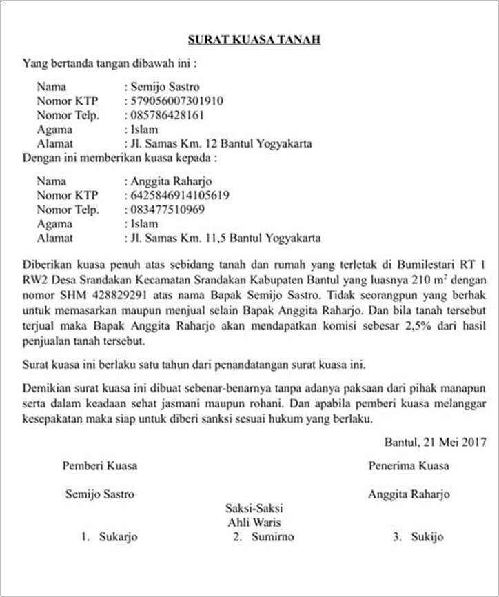 Contoh Surat Pernyataan Tanah Mengatas Namakan