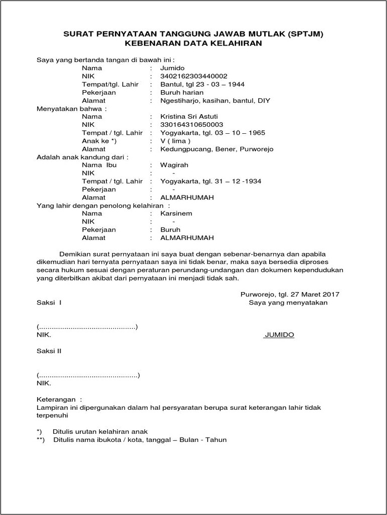 Contoh Surat Pernyataan Tanggung Jawab Mutlak Kebenaran Data Kelahiran
