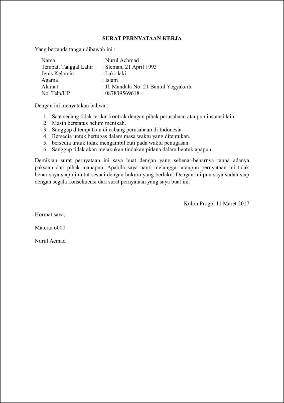 Contoh Surat Pernyataan Tentang Karyawan