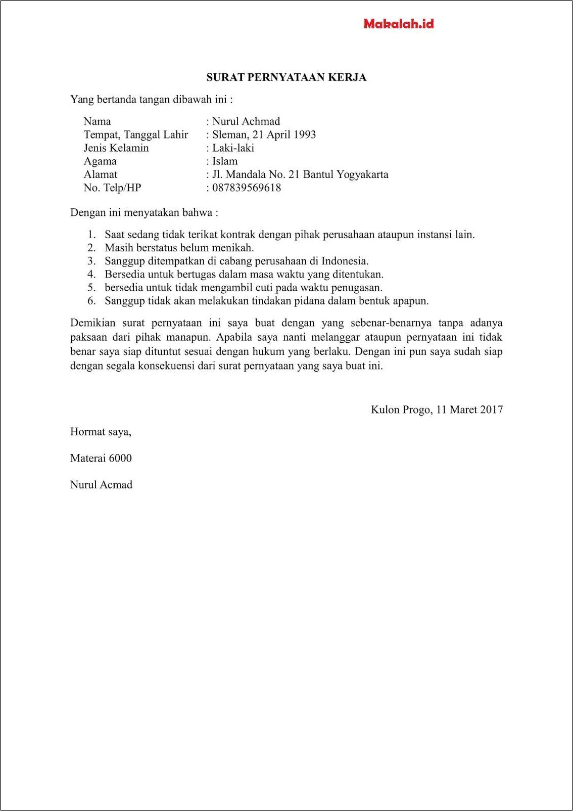 Contoh Surat Pernyataan Tentang Ktsp
