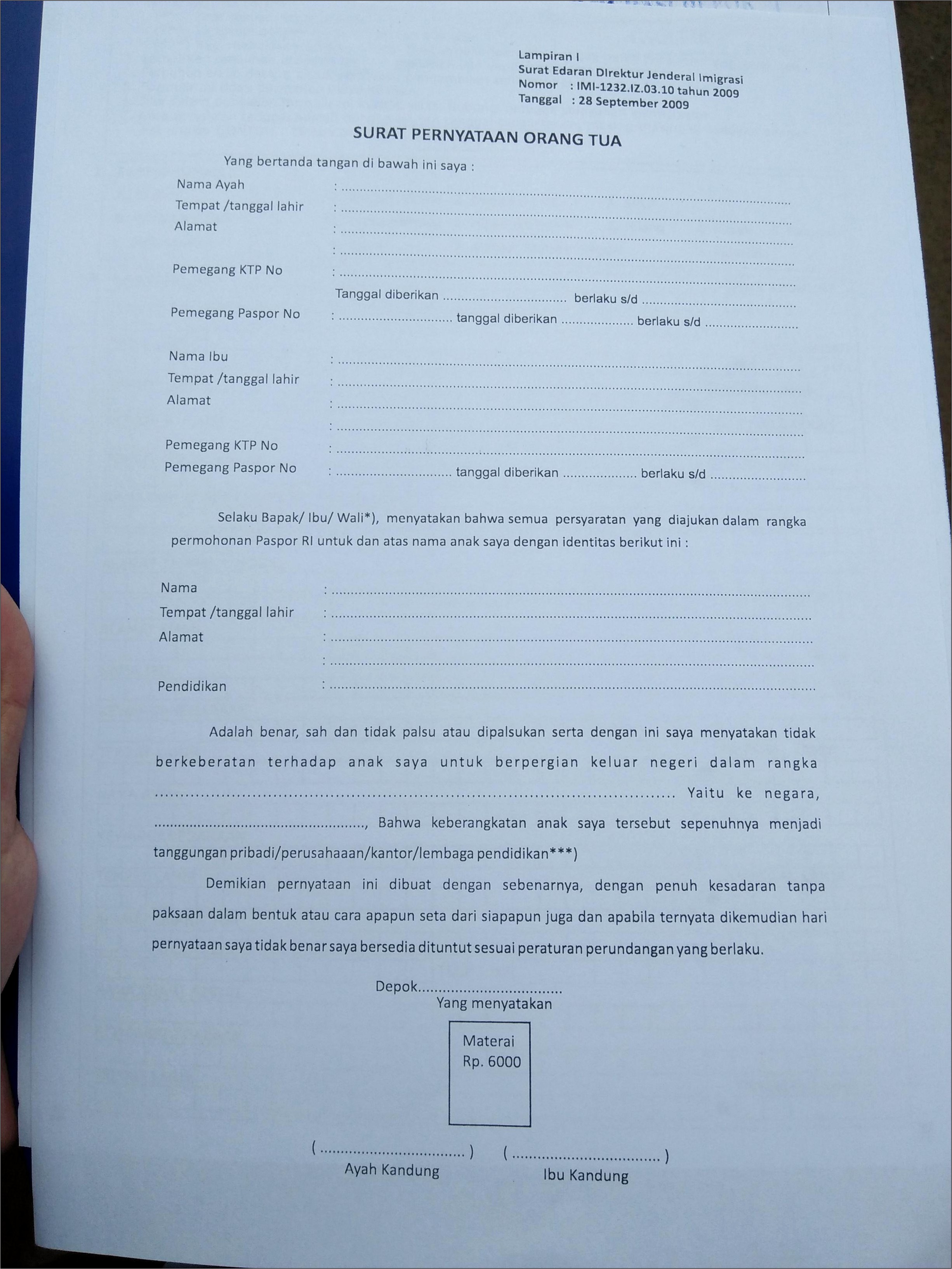 Contoh Surat Pernyataan Tertulis Orang Tua Untuk Pasport