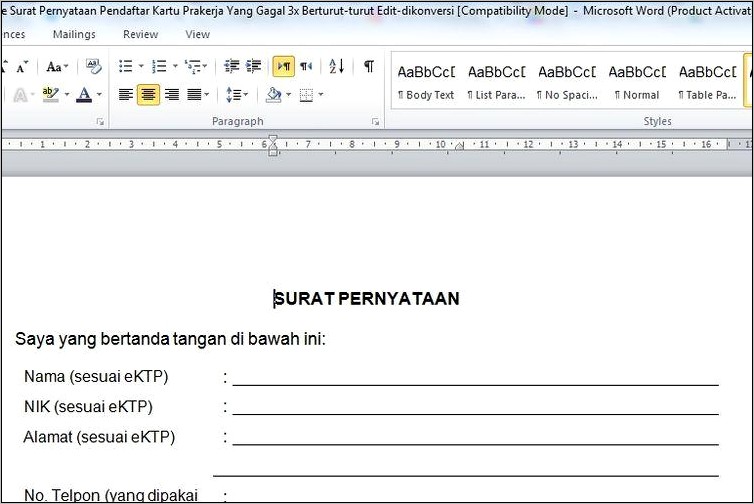 Contoh Surat Pernyataan Tidak Ada Klam Susulan Tambahan