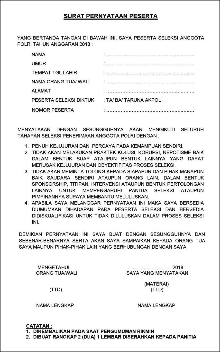 Contoh Surat Pernyataan Tidak Akan Menerima Gratifikasi