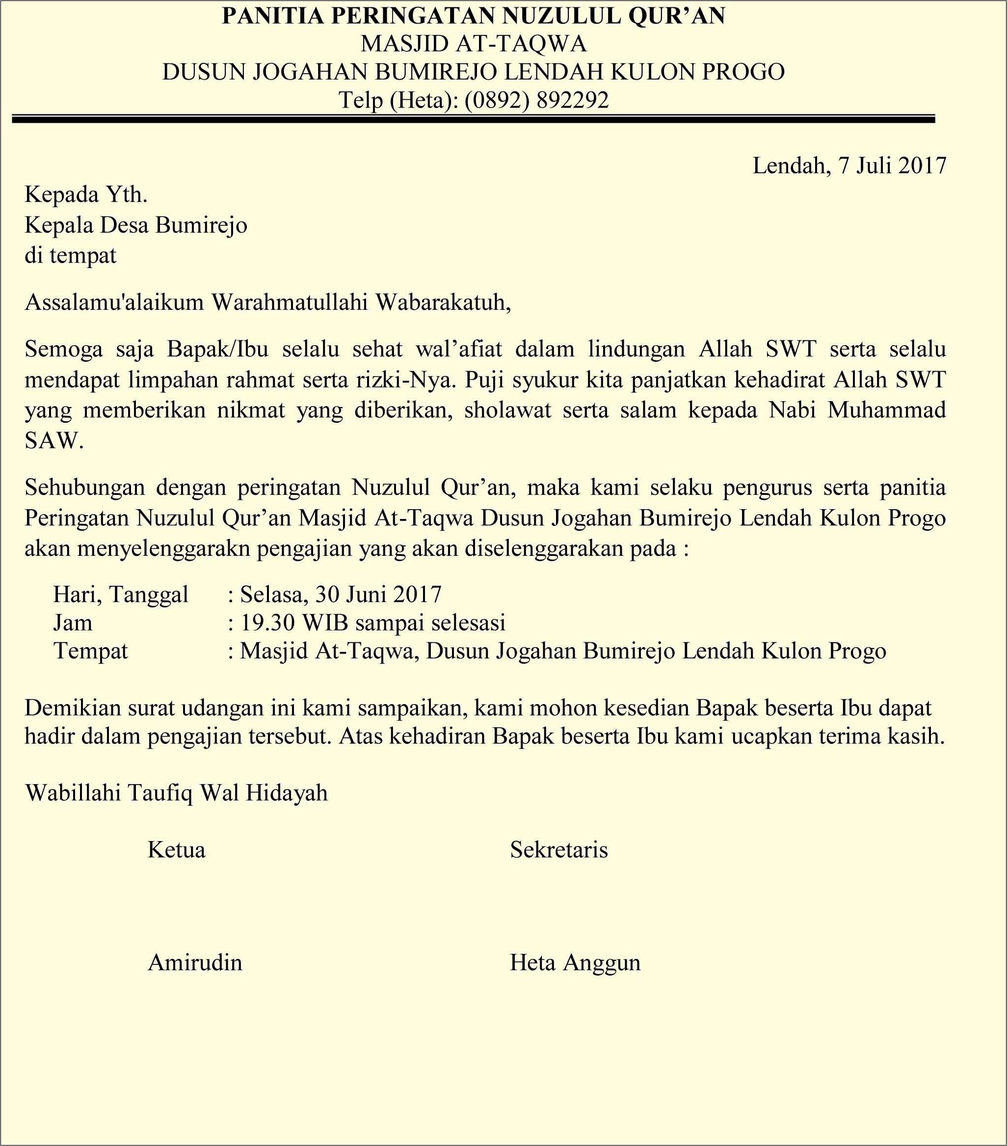 Contoh Surat Pernyataan Tidak Busa Hadir Ke Masjid