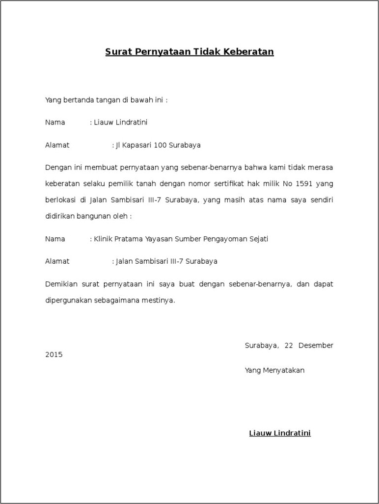 Contoh Surat Pernyataan Tidak Keberatanransfer