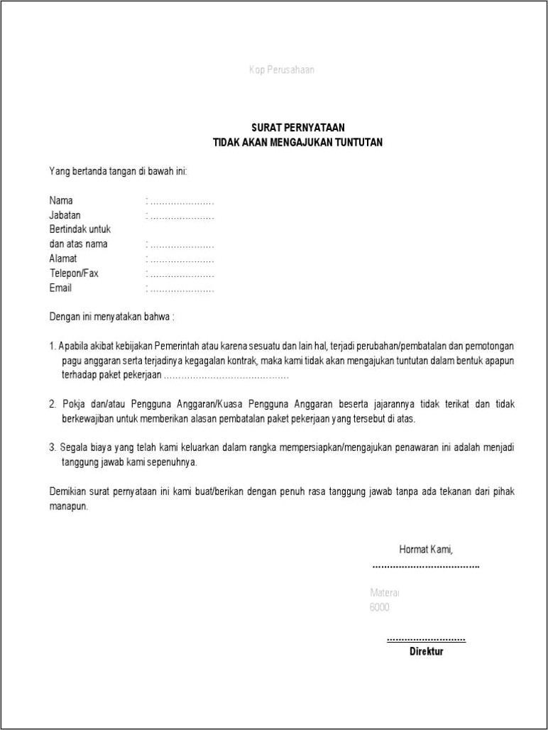 Contoh Surat Pernyataan Tidak Menuntu