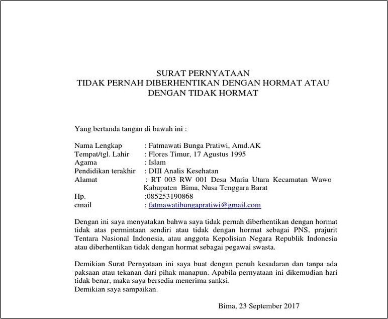 Contoh Surat Pernyataan Tidak Pernah Dipidana Penjara