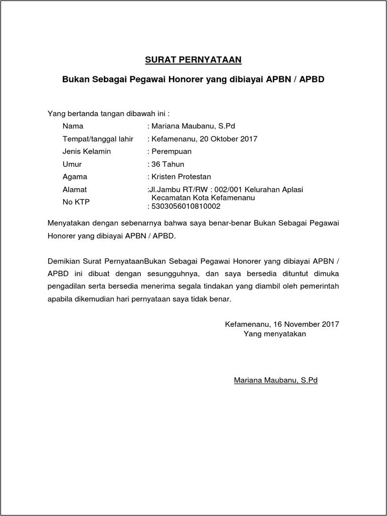 Contoh Surat Pernyataan Tidak Sedang Meneriman Honor Dari Apbn