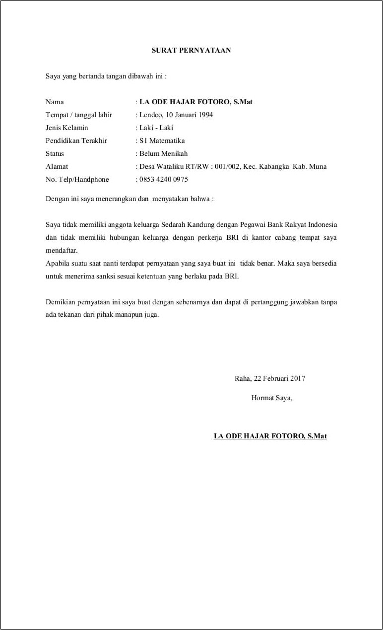 Contoh Surat Pernyataan Tidaka Da Ikatan Pernikahan Dengan 1 Perusahaan