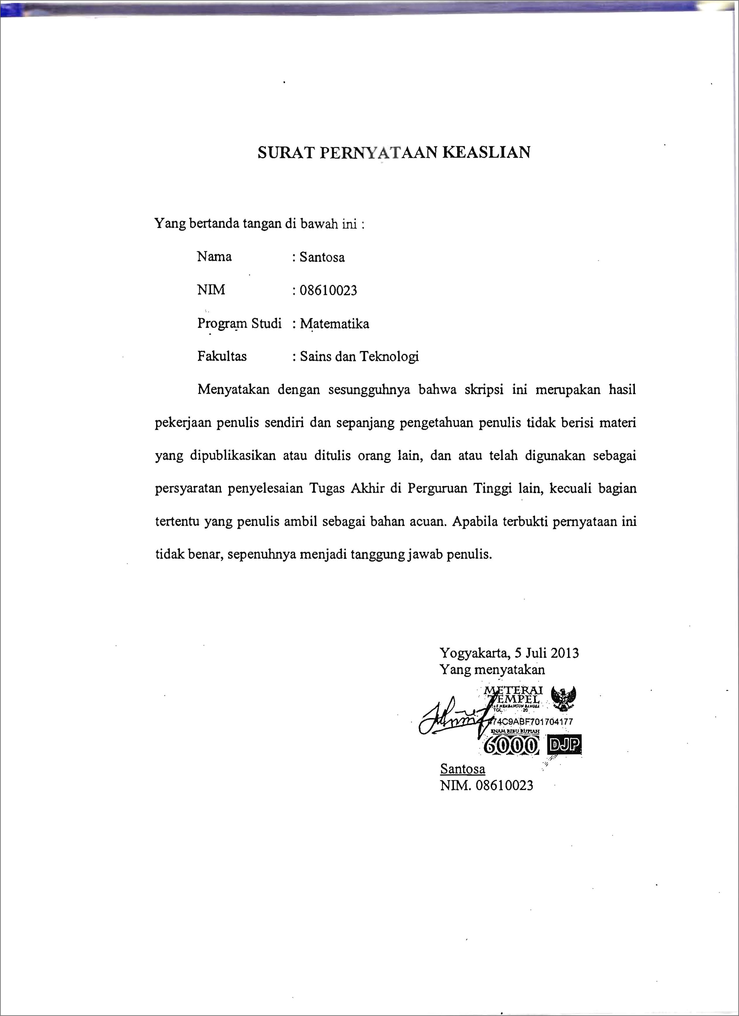 Contoh Surat Pernyataan Tugas Akhir