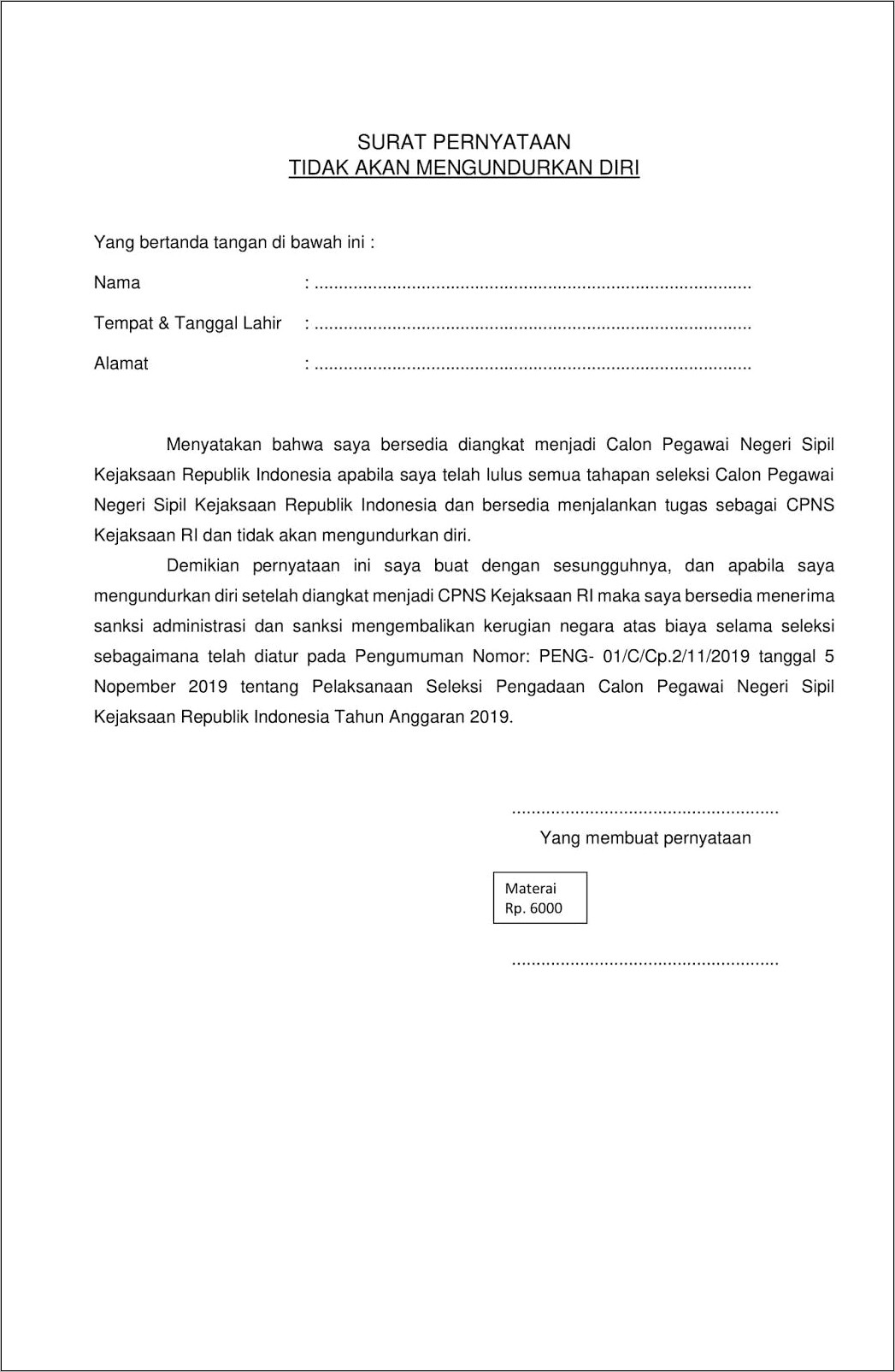 Contoh Surat Pernyataan Untuk Kelengkapan Cpns