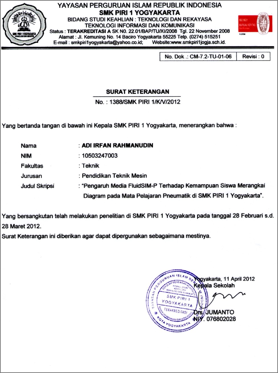 Contoh Surat Pernyataan Untuk Pra Riset