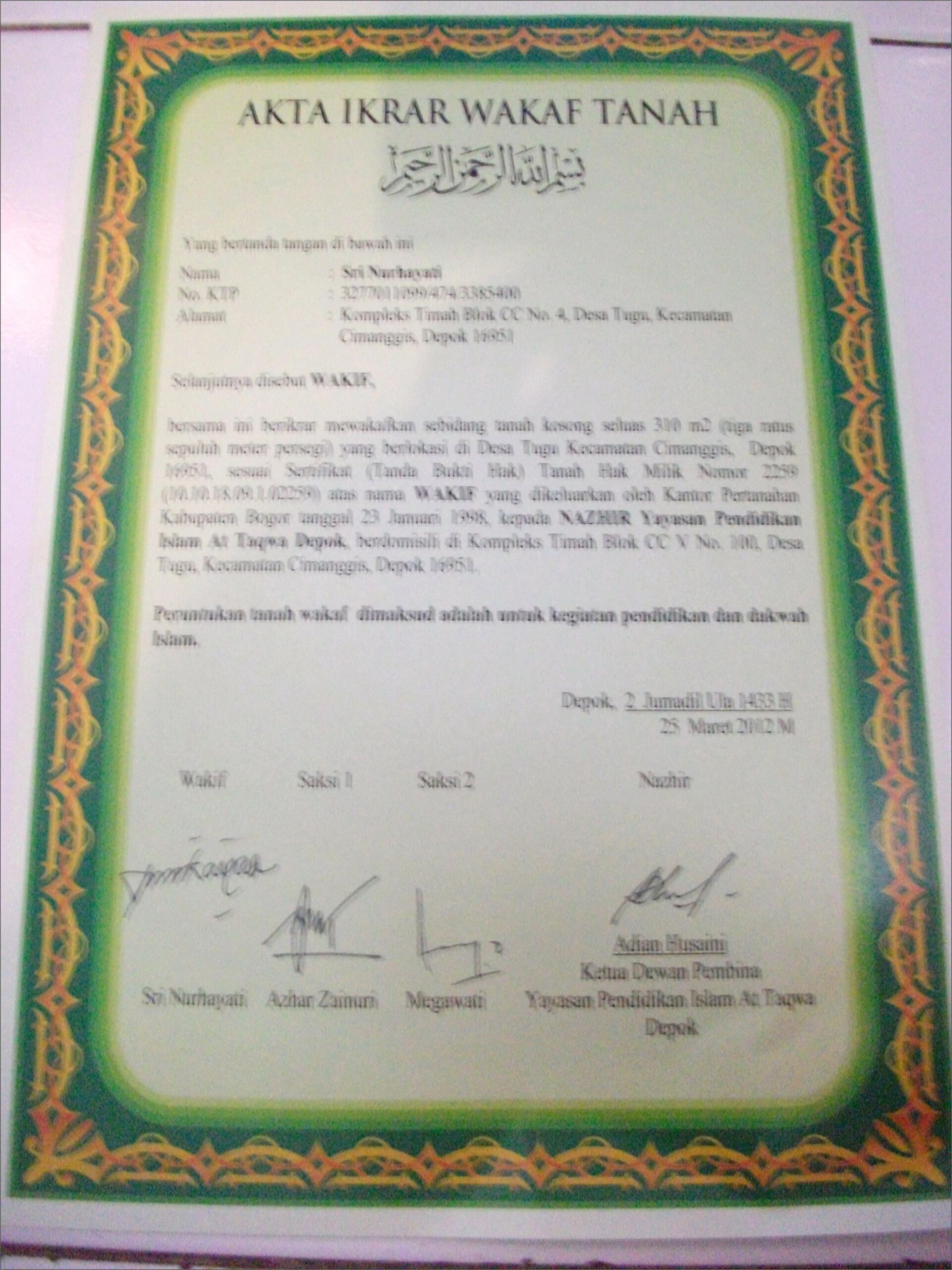 Contoh Surat Pernyataan Wakaf Tanah Masjid