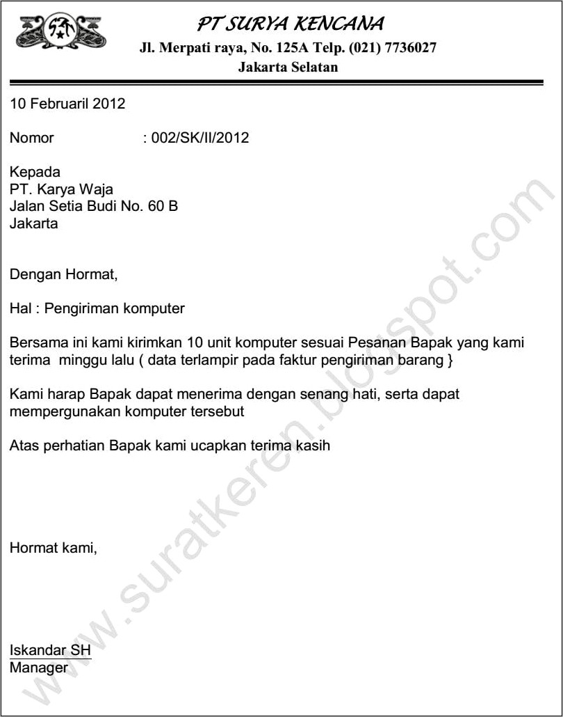 Contoh Surat Pesanan Barang Untuk Perusahaan Jasa Pengiriman Barang