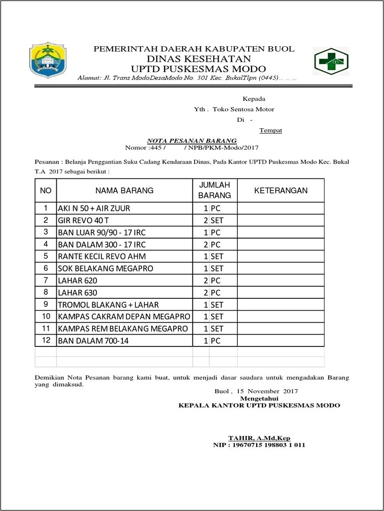 Contoh Surat Pesanan Pengadaan Kendaraan Dinas